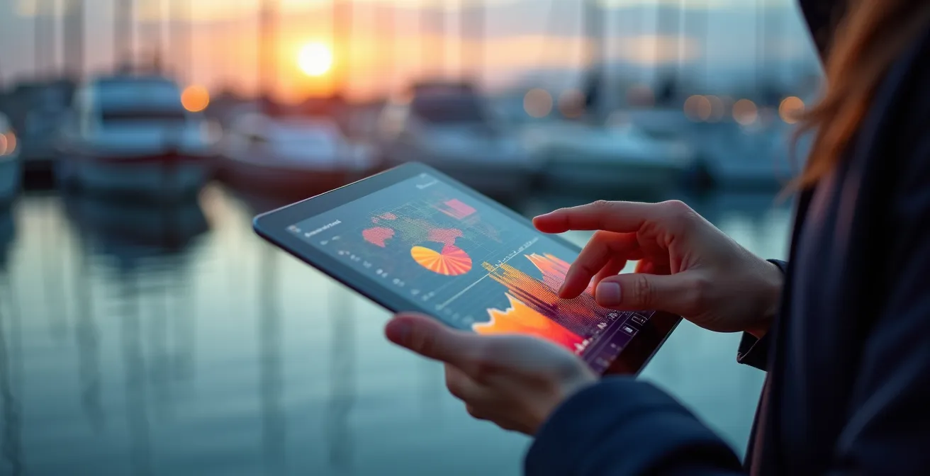 Mains analysant des données financières sur tablette avec marina en arrière-plan