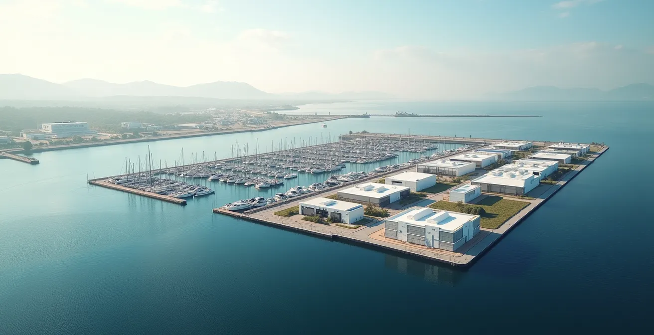 Vue aérienne minimaliste d'une marina moderne avec espaces modulaires